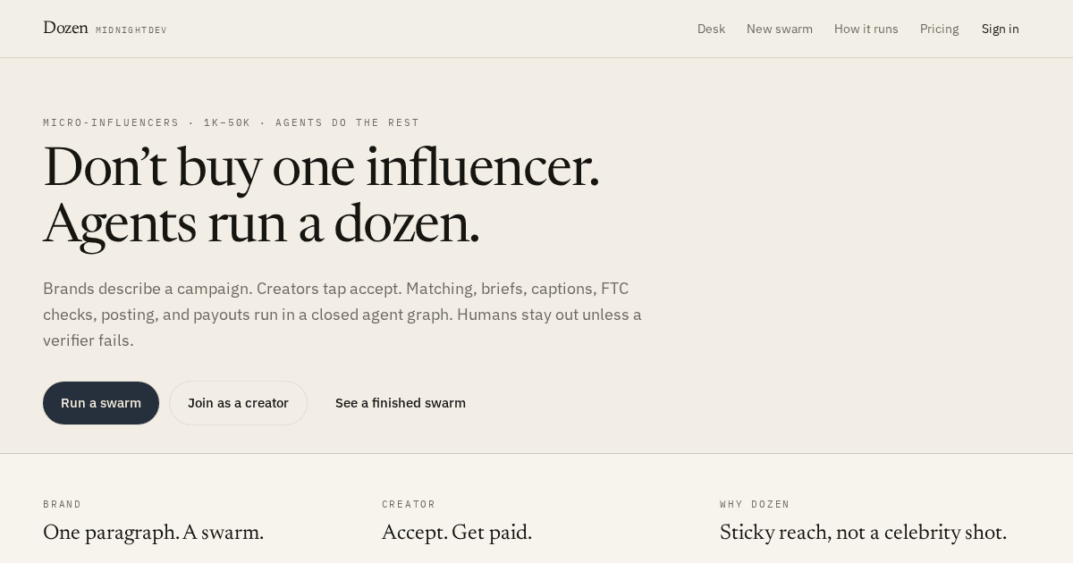 Dozen landing page with the headline Don't buy one influencer. Agents run a dozen, and a twelve-node campaign graph whose accept node is still running.